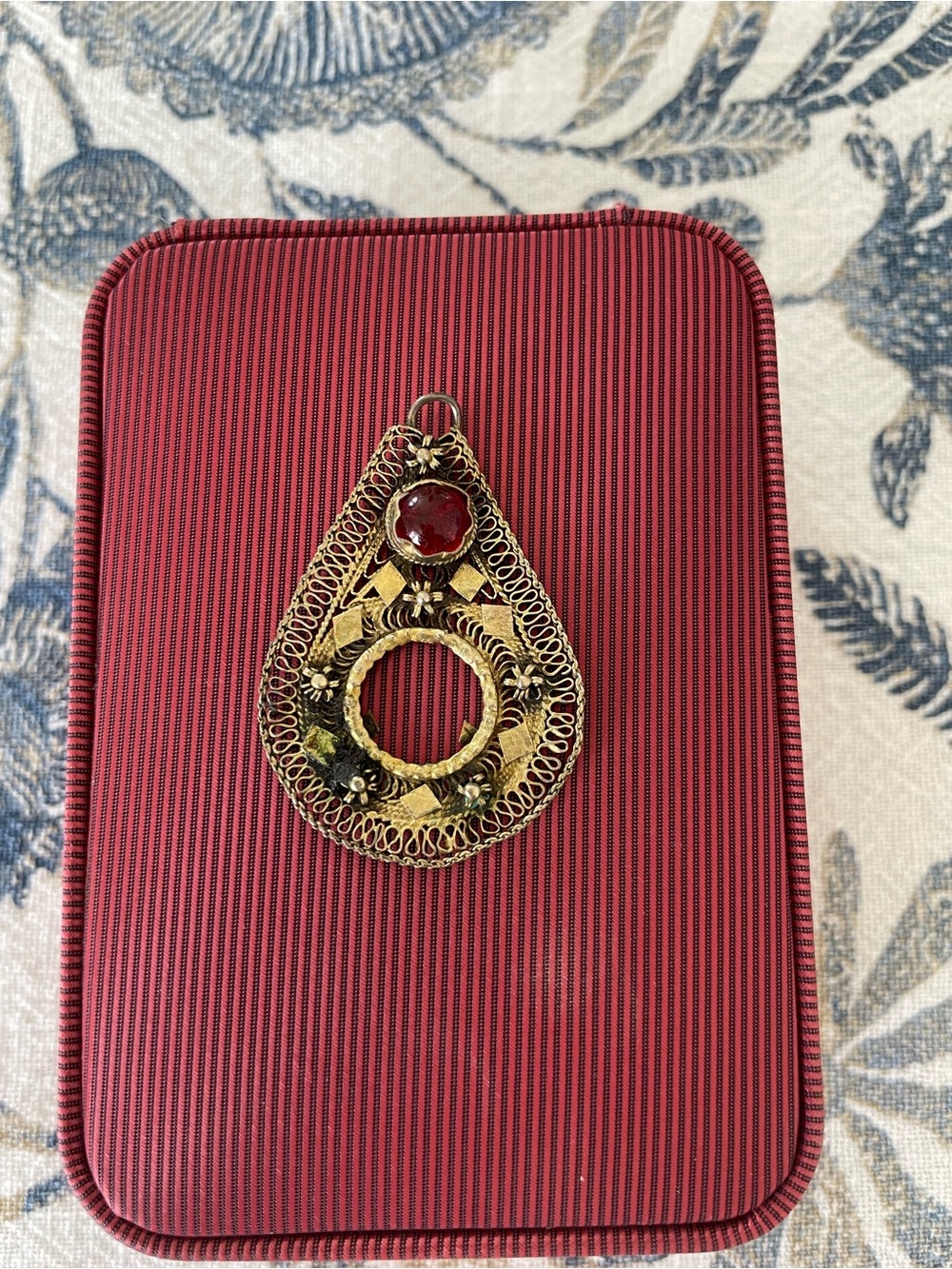 Vintage-Inspired Gold Teardrop Pendant with Red Stone, made in XIX century